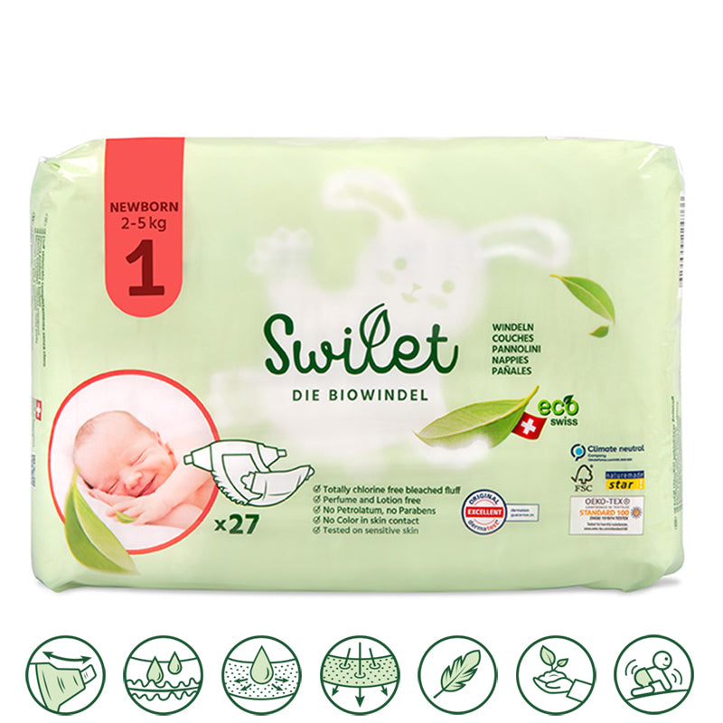 Swilet - Die Biowindel Gr. 1 Newborn 2-5Kg (4x 27 STK) Karton